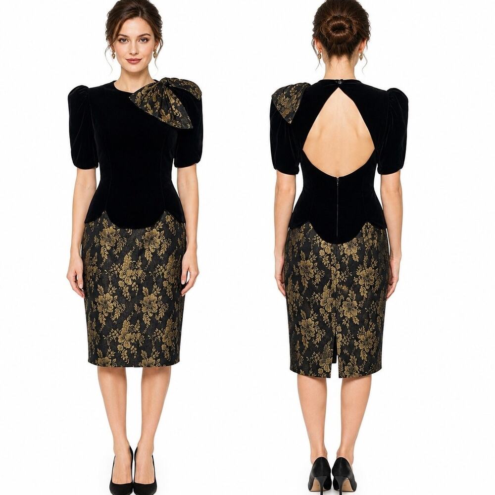 Vintage 1980s Scott McClintock Black Velvet Gold Brocade Dress Open Back S/M